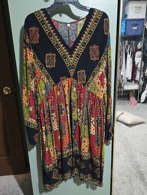 Bohemian Patchwork V-Neck Women's Dress in Black with Multicolor Print